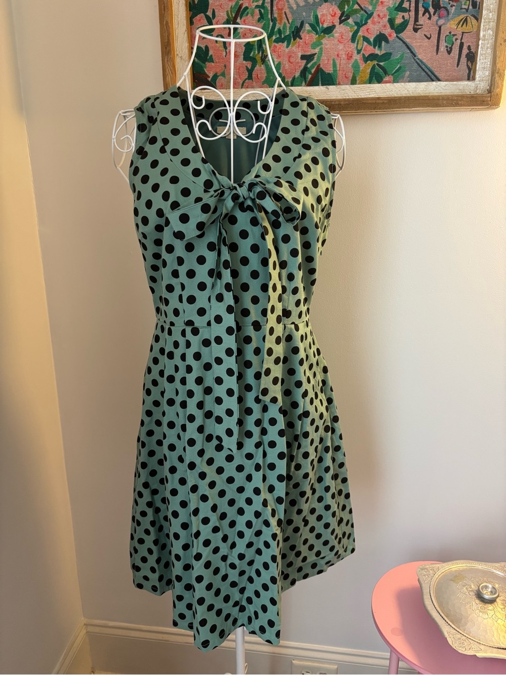 Tulle Green Dress with Black Polka Dots and Tie-Neck